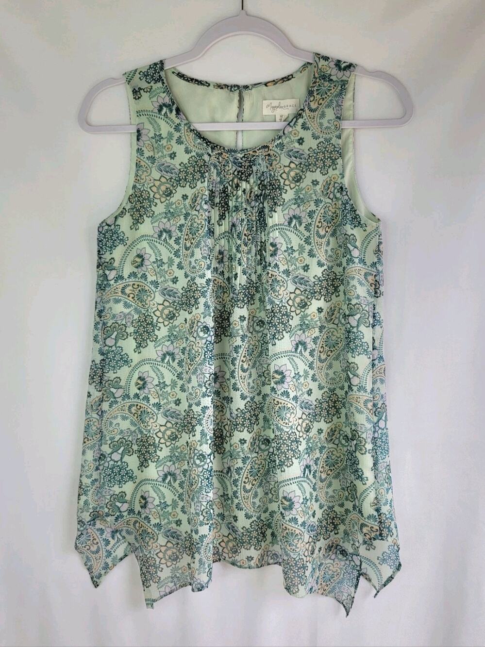 MAGNOLIA GRACE Minty Green Paisley Sleeveless Tank Top Size XS Handkerchief Hem